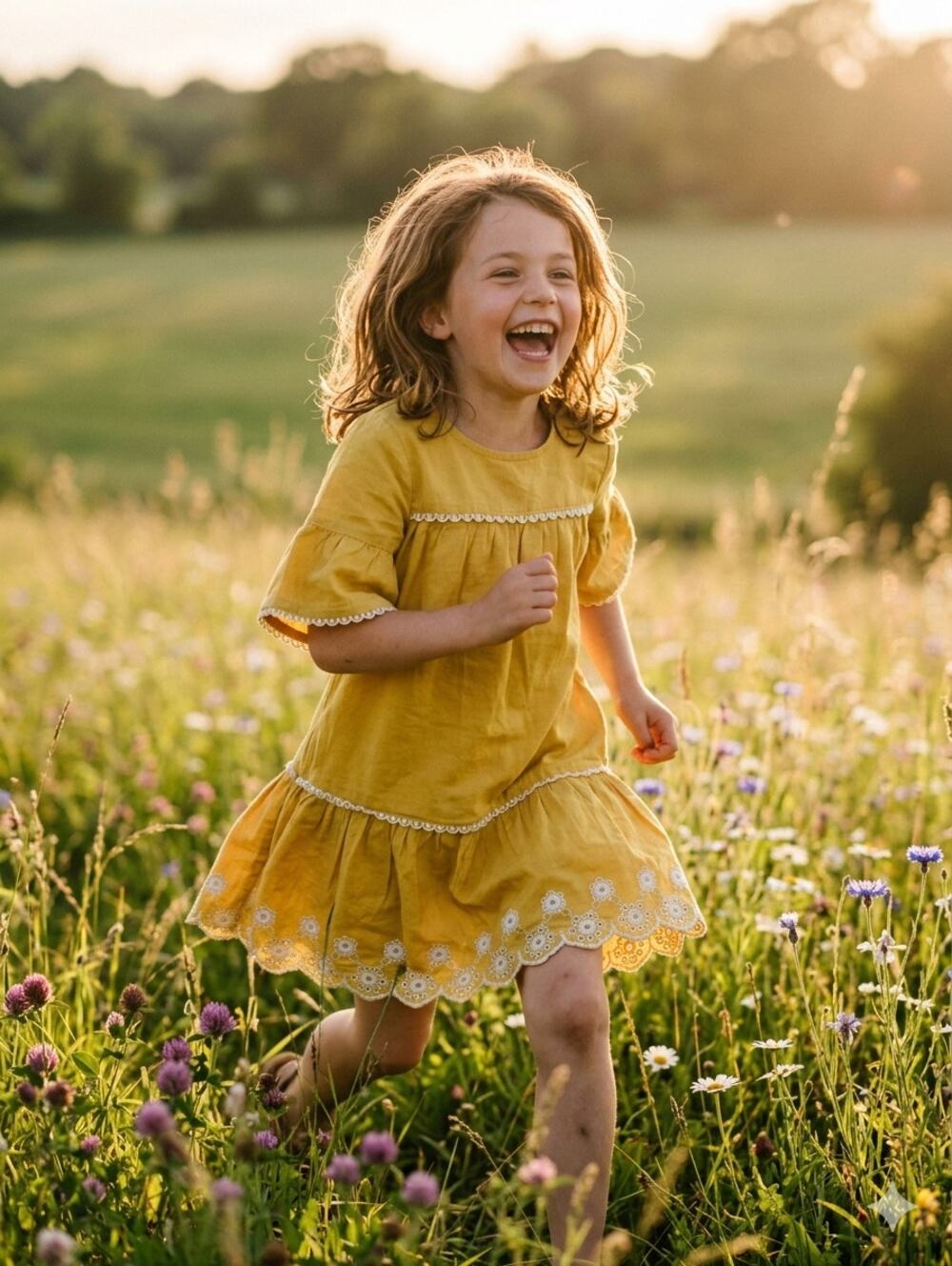 Mini Boden Girls Mustard Yellow Tiered Eyelet Dress Sz 7-8Y Cotton Scalloped